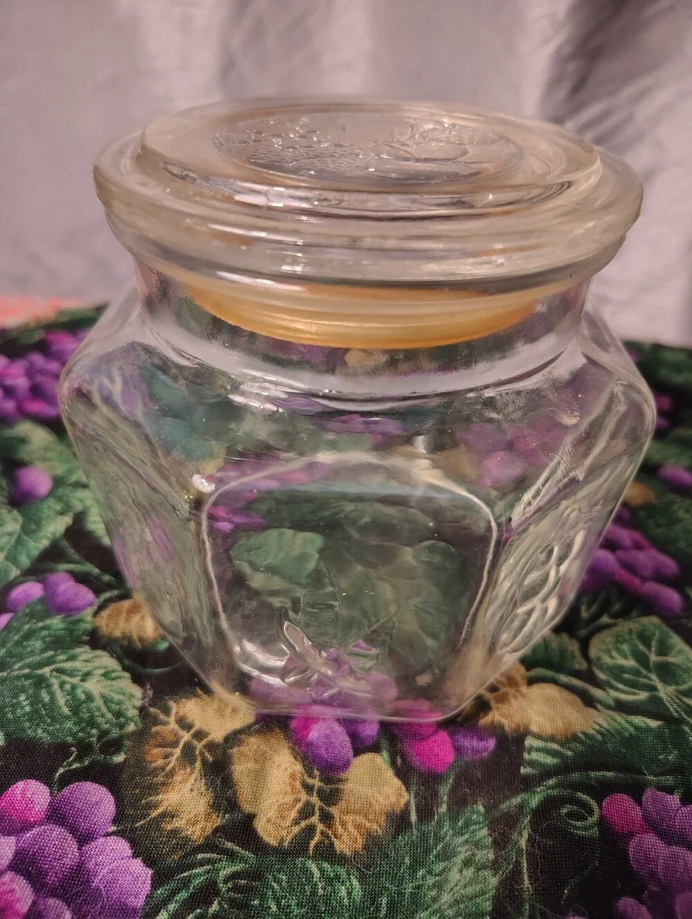 Vintage Embossed Grape Hexagon Glass Canister Jar with Lid